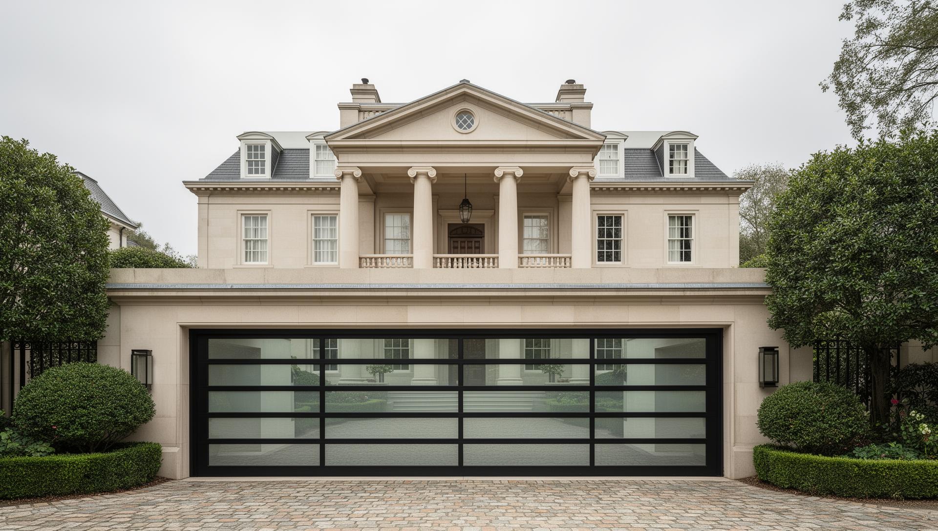 Modern glass and aluminum garage door on stately Georgian mansion in Garner NC